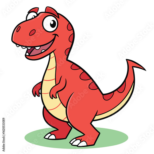 Animated red dinosaur smiles while standing on green grass, isolated with transparent background