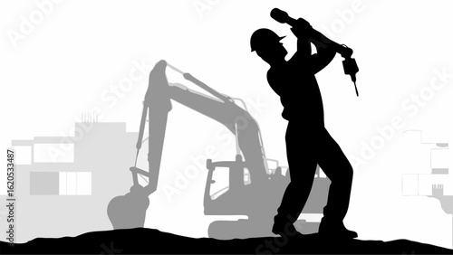 Silhouette of construction worker using jackhammer with excavator and building background at a site area | editable eps vectors