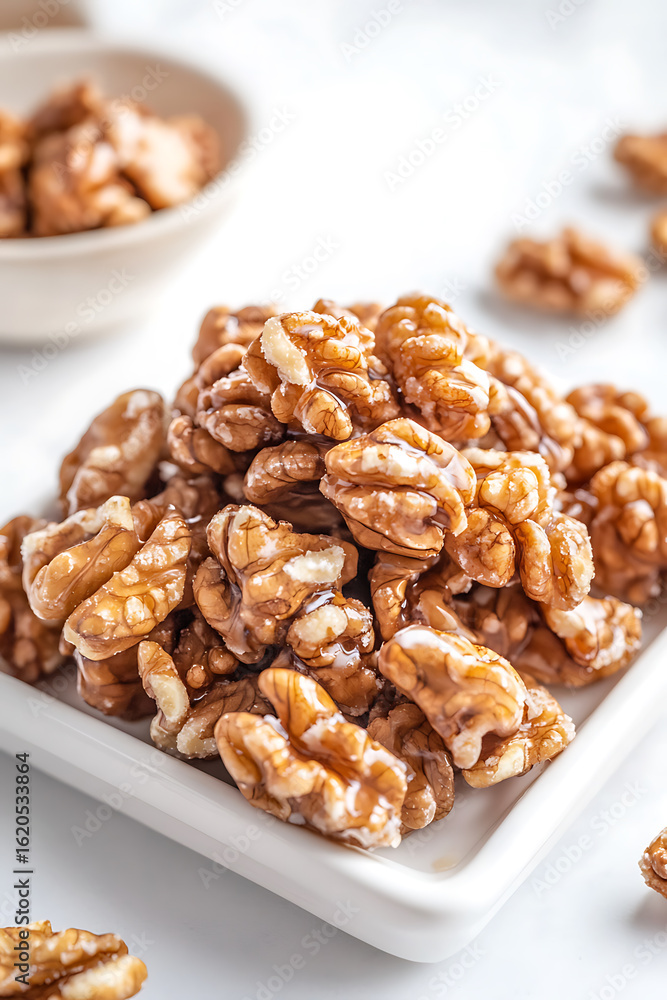 Pile of Glazed Walnuts on a White Plate: Close-up of delectable, sweet-coated nuts on a bright, clean surface. Perfect snack! Pile of Glazed Walnuts on a White Plate: Close-up of delectable, sweet-coated nuts on a bright, clean surface. Perfect snack!
