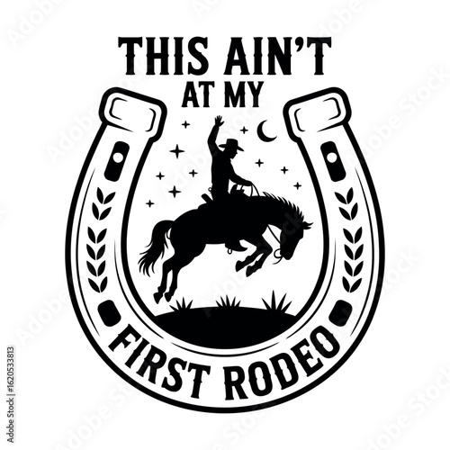 Cowboy riding a bucking horse inside a horseshoe with text rodeo