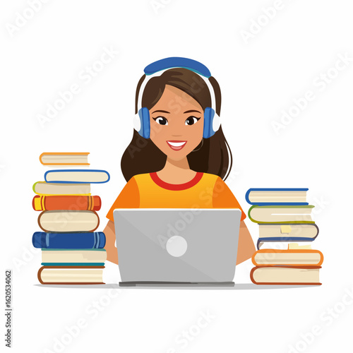 Junge Frau mit Kopfhörern am Laptop