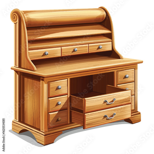 Detailed Wooden Secretary Desk with Ornate Features
