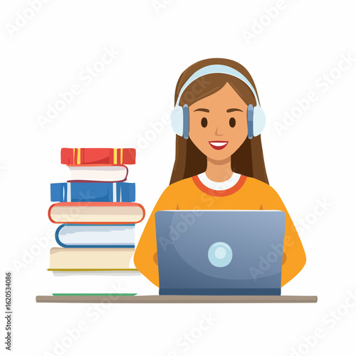 Junge Frau mit Kopfhörern am Laptop