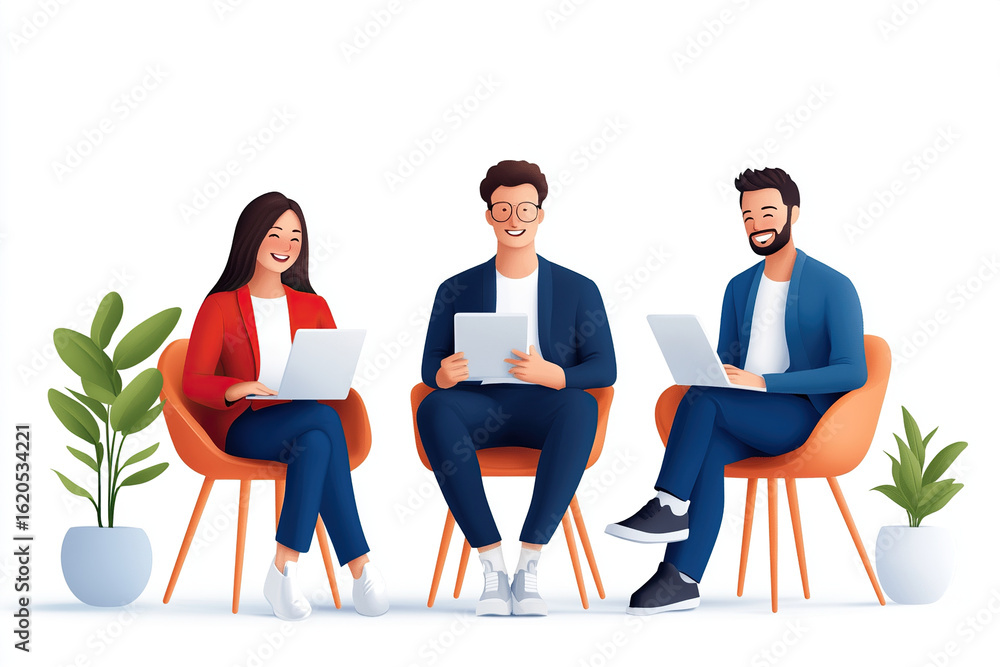 Obraz premium Three diverse individuals engaged in collaborative work session, smiling and using laptops in modern office setting, surrounded by plants