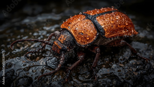 Macro photography of a wet orange beetle on a dark rock with water drops