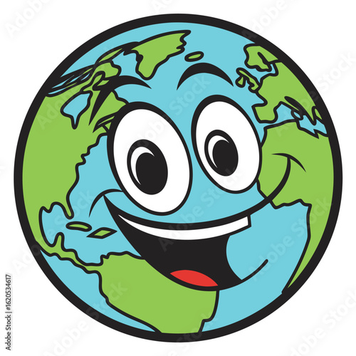 Cartoon Earth smiling with big eyes and showing its tongue on a white background