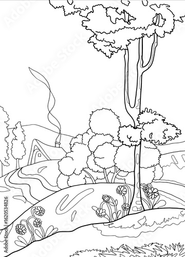 Simple Line Art Landscape – Hand-Sketched Nature Scene, Landscape drawing for kids, Landscape Coloring Book