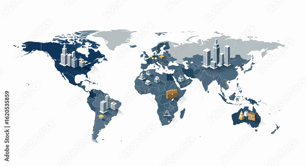 Naklejka premium Globalization concept with a stylized world map featuring skyscrapers and resource icons for international business and trade.