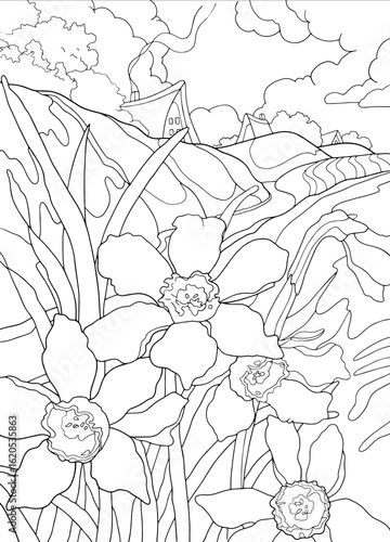 Landscape drawing for kids, Landscape Coloring Book,
Line Drawing