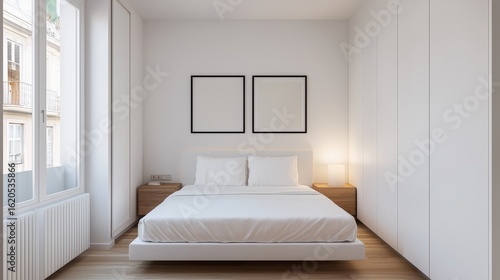 Clean modern bedroom with minimalist white bed wooden nightstands and empty picture frames