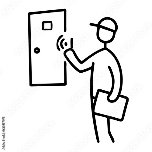 Delivery person ringing doorbell while holding package at entrance  
