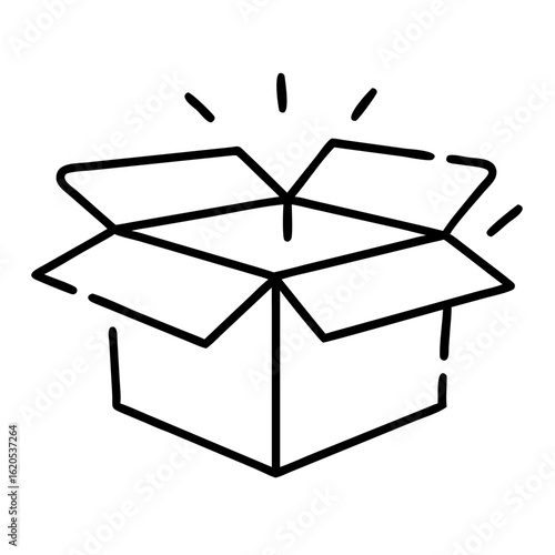 Open cardboard box with flaps lifted and excitement lines around  