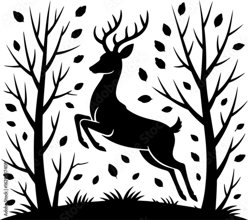black silhouette vector of a deer jumping gracefully among bare autumn trees with scattered leaves