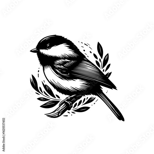 Black and White Chickadee Bird Illustration.