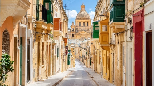 Narrow European street lined with historic buildings ornate balconies and a distant dome