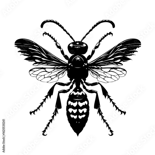 Detailed Black Silhouette of a Wasp Insect.
