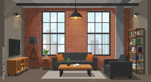 Stylish living room in a modern loft apartment for urban living with brick and contemporary furniture