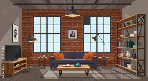 Modern loft apartment interior design showcasing exposed brick and stylish furniture arrangement