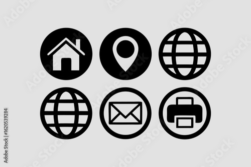 Six black circular icons featuring house location envelope globe and printer symbols collection graphic