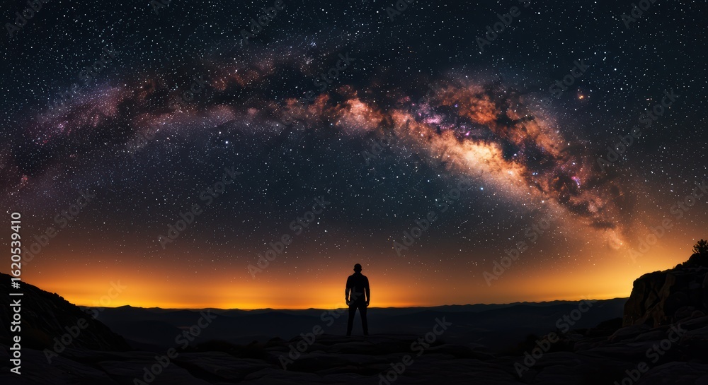 A lone stargazer contemplates the vastness of the Milky Way galaxy from a desert landscape A lone stargazer contemplates the vastness of the Milky Way galaxy from a desert landscape