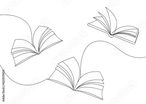 One continuous line banner of openflying books. Education and knowledge library concept in simple line style. Doodle vector illustration