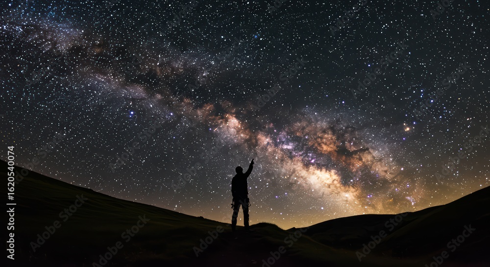 Fototapeta premium A lone stargazer marvels at the vastness of the Milky Way galaxy stretching across the night sky above rolling hills