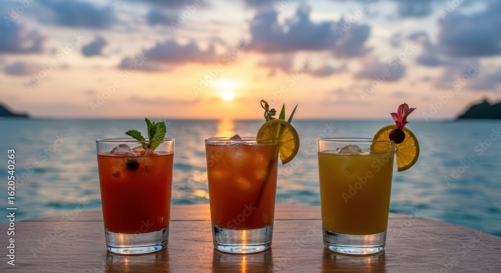 Obraz premium Three Refreshing Cocktails at Sunset Overlooking the Ocean