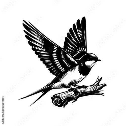 Stylized Black and White Swallow Perched on Branch.