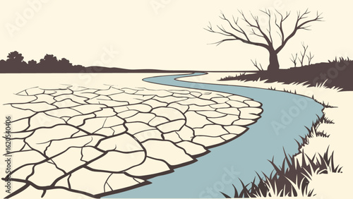 Dry cracked earth landscape with river and barren tree vector illustration drought climate change concept