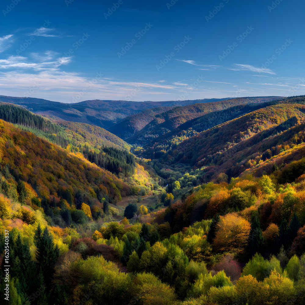 Fototapeta premium Vibrant Autumn Landscape with Rolling Hills and Colorful Foliage Under Bright Blue Sky
