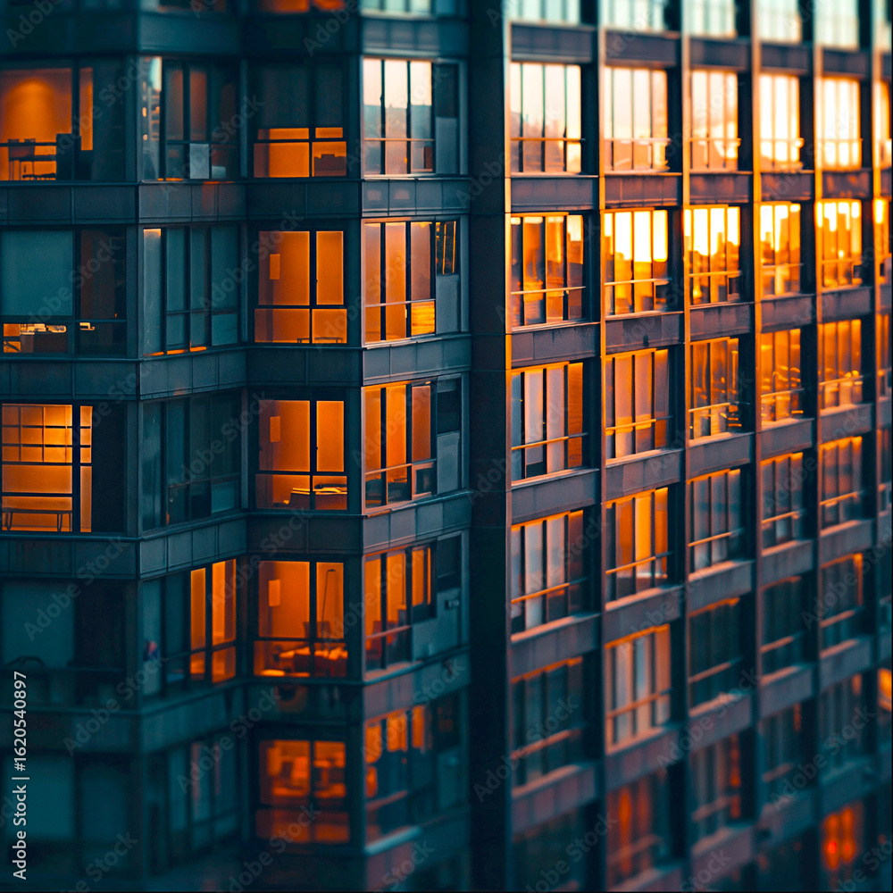 Fototapeta premium Modern glass office tower with reflective facade capturing golden sunset in downtown cityscape