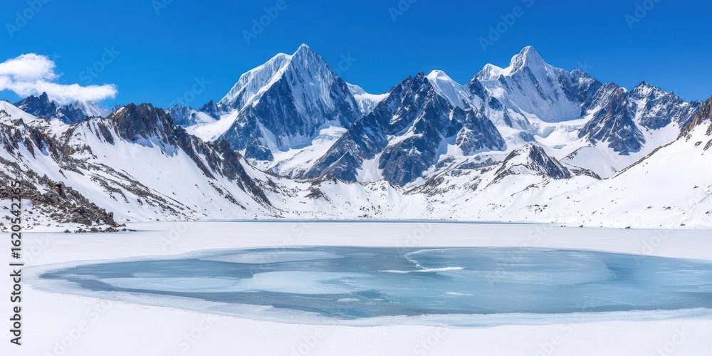 Obraz premium Vast snow covered mountain range under a clear blue sky with a partially frozen lake in the foreground