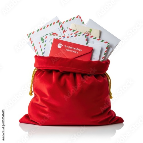 Red santa bag full of christmas letters isolated on white background