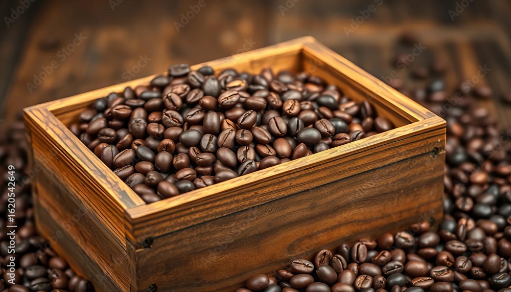 Fototapeta premium Rustic wooden box overflowing with dark roasted coffee beans, espresso, crate