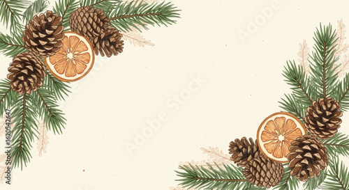 Festive Christmas background with corner arrangements of pine branches, pinecones, and dried orange slices. Winter holiday illustration concept.
