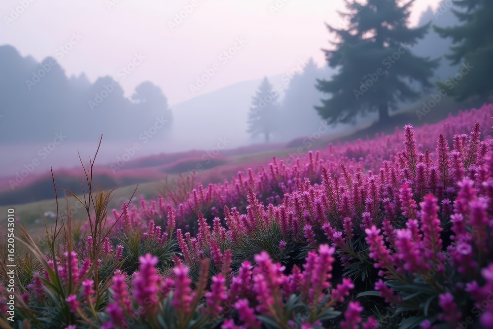 Fototapeta premium Dense purple pink heather in a misty landscape, landscape, purple flowers, hills