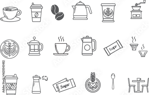 Coffee & Accessories Line Icons – Cup, Mug, Beans, Kettle, Grinder, French Press, To-Go Cup, Spoon, Coffee Maker
