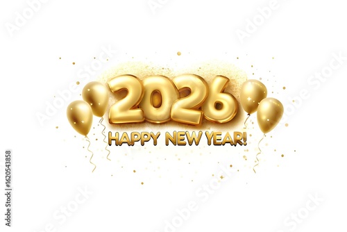 Gold 2026 Balloons with HAPPY NEW YEAR Text – Festive New Year Decoration on White Background