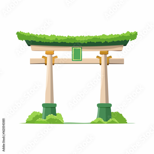 Colorful Cartoon Japanese Torii Gate with Lush Greenery