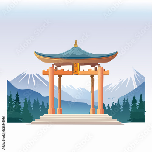 Traditional Japanese Torii Gate with Mountainous Landscape and Trees