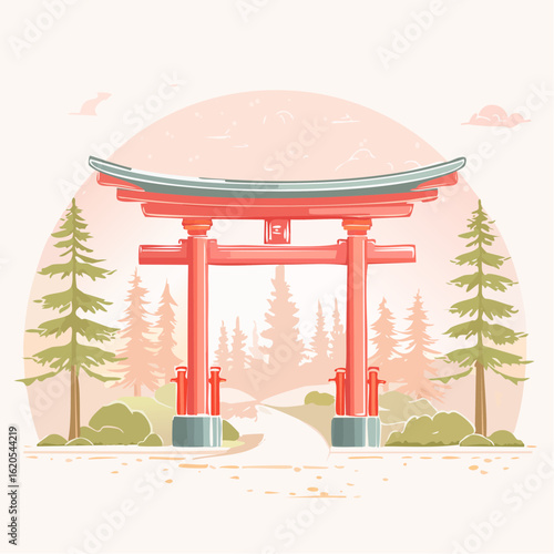 Vibrant Japanese Torii Gate with Forest Landscape Illustration.