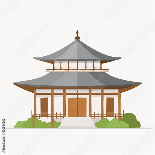 Flat vector illustration of a traditional Japanese temple with gray roofs and brown wooden accents.