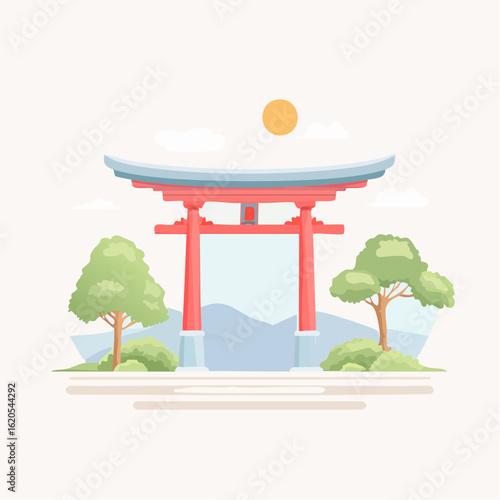 Red Torii Gate with Trees and Mountains in a Flat Design