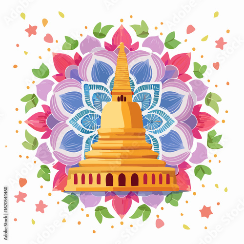 Golden Stupa Mandala: Buddhist Temple with Floral Ornament
