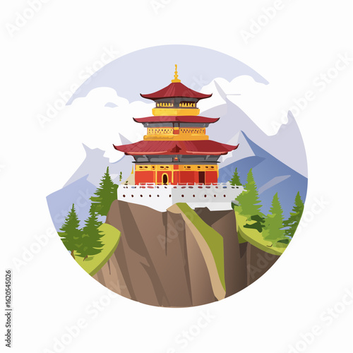Isolated Asian Temple on Cliff with Waterfall and Mountain Backdrop