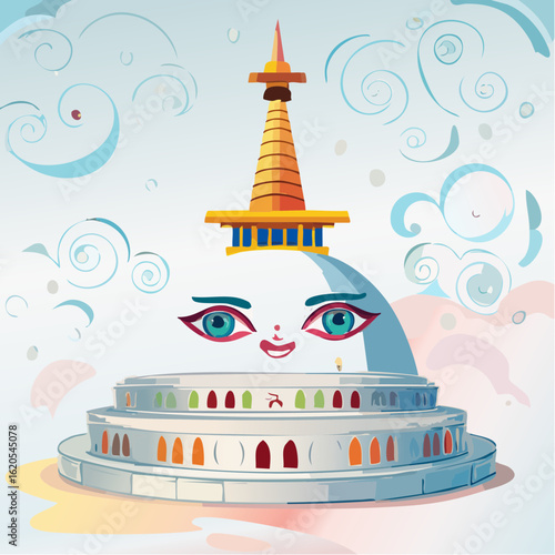 Colorful Cartoon Representation of a Stupa with Intricate Details