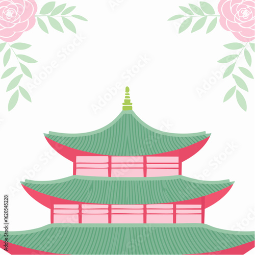 Stylized Pagoda with Floral Accents, Green Roofs and Pink Details