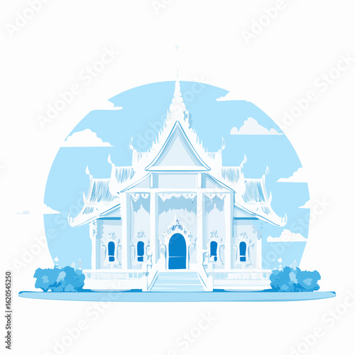 Stylized illustration of a traditional Thai temple with intricate architectural details in shades of blue