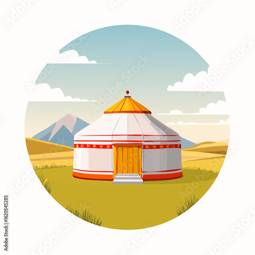 Colorful Yurt with Floral Banding and Yellow Roof in a Mountainous Landscape