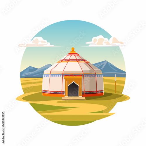 Colorful Illustrated Yurt Amidst Rolling Hills and Distant Mountains.